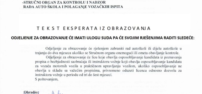 Odlukom šefa Obrazovanja Zorana Bulatovića uvode se zabrane rada autoškolama i instruktorima od 3 do 6 mjeseci